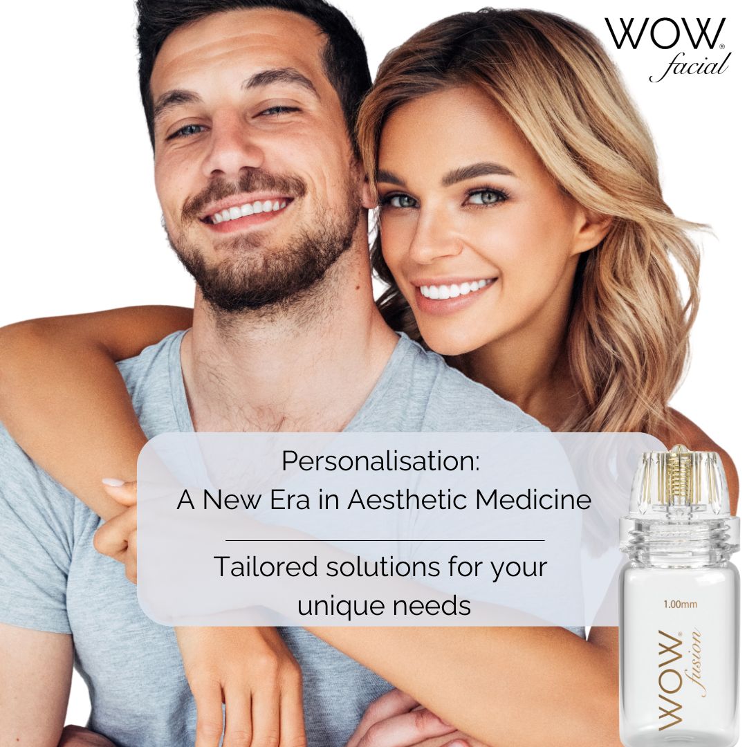 Couple embracing with a 'WOW' facial product bottle on a white background